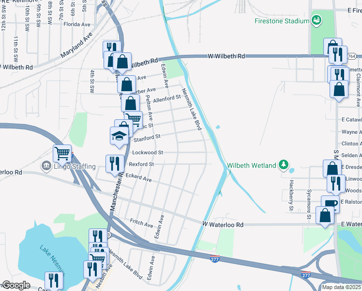 map of restaurants, bars, coffee shops, grocery stores, and more near 360 Waterford Street in Akron