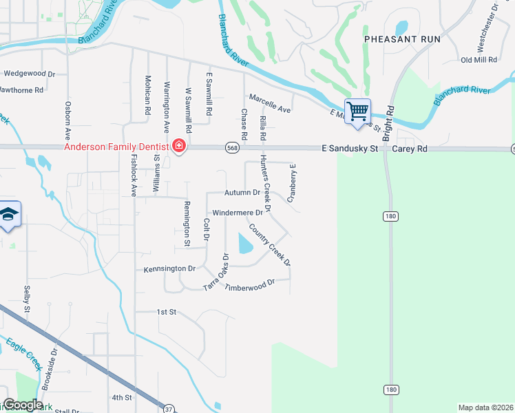 map of restaurants, bars, coffee shops, grocery stores, and more near 1516 Windermere Drive in Findlay