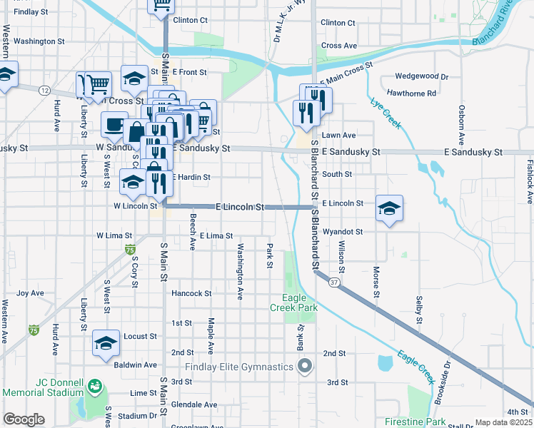 map of restaurants, bars, coffee shops, grocery stores, and more near 349 East Lincoln Street in Findlay