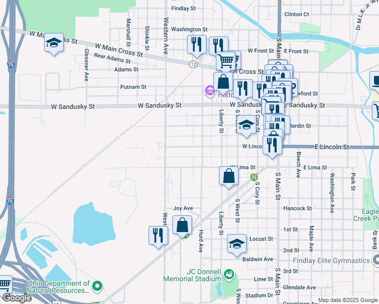 map of restaurants, bars, coffee shops, grocery stores, and more near 527 West Lincoln Street in Findlay