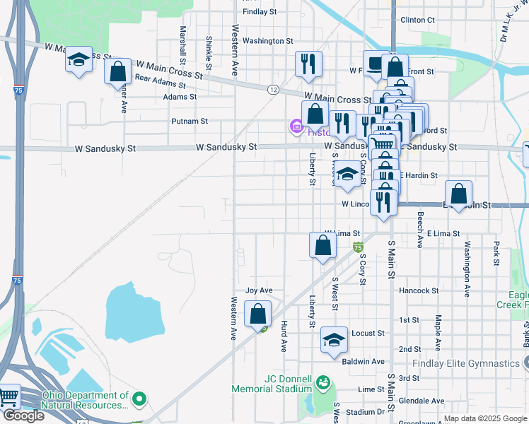 map of restaurants, bars, coffee shops, grocery stores, and more near 527 W Lincoln St in Findlay