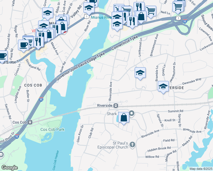 map of restaurants, bars, coffee shops, grocery stores, and more near 1 Bayside Terrace in Greenwich