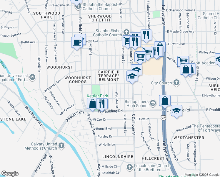 map of restaurants, bars, coffee shops, grocery stores, and more near 5421 Mc Clellan Street in Fort Wayne