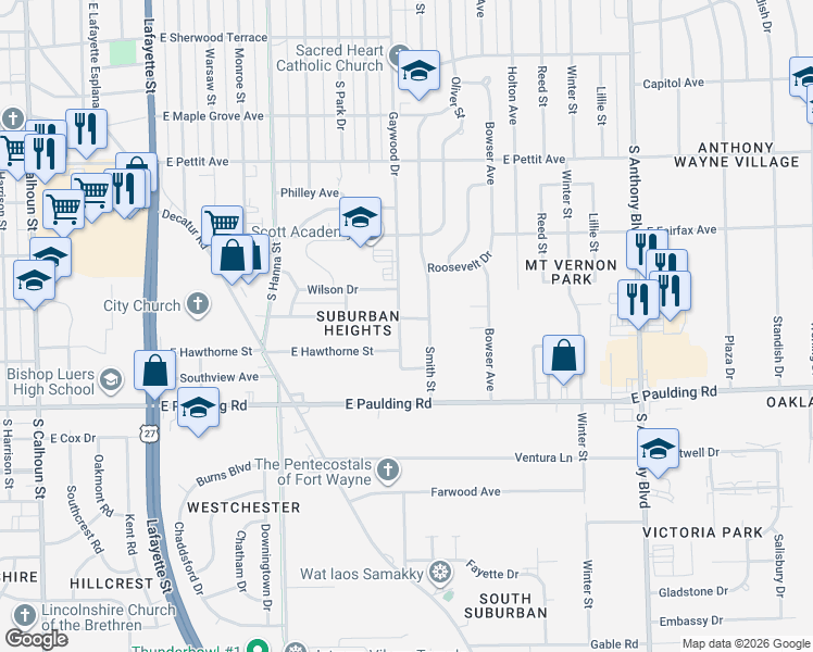 map of restaurants, bars, coffee shops, grocery stores, and more near 1102 E Belmont Dr in Fort Wayne