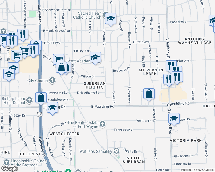 map of restaurants, bars, coffee shops, grocery stores, and more near 1102 E Belmont Dr in Fort Wayne