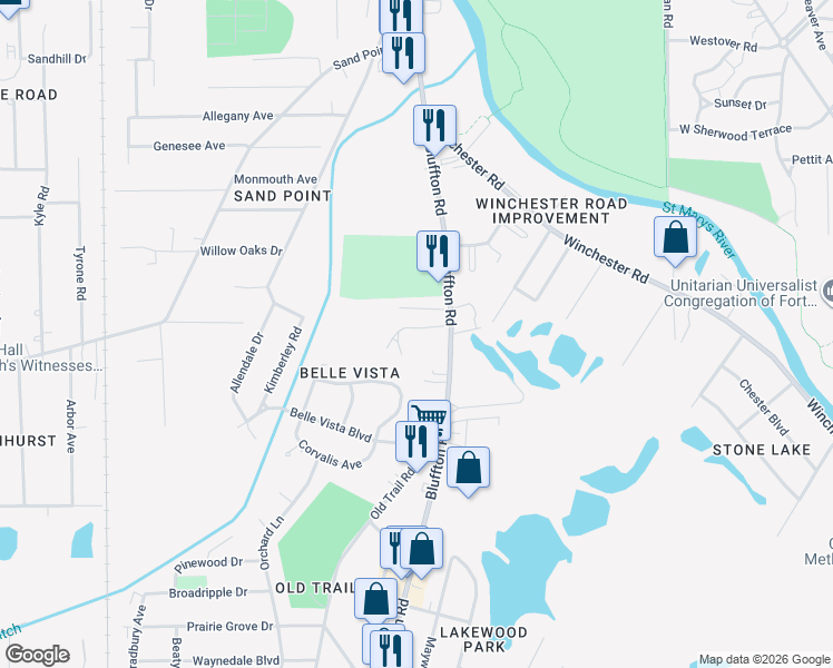 map of restaurants, bars, coffee shops, grocery stores, and more near 5404 Bluffton Road in Fort Wayne