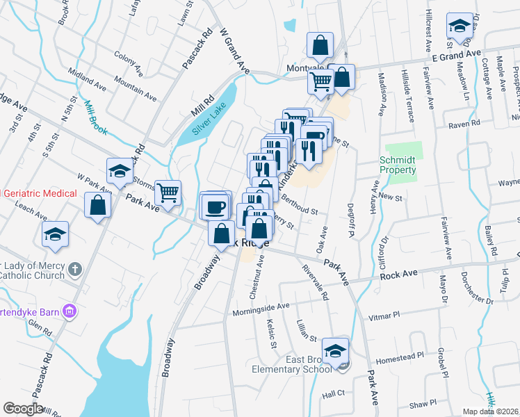 map of restaurants, bars, coffee shops, grocery stores, and more near 140 Kinderkamack Road in Park Ridge