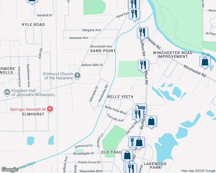 map of restaurants, bars, coffee shops, grocery stores, and more near 5517 Kimberley Road in Fort Wayne