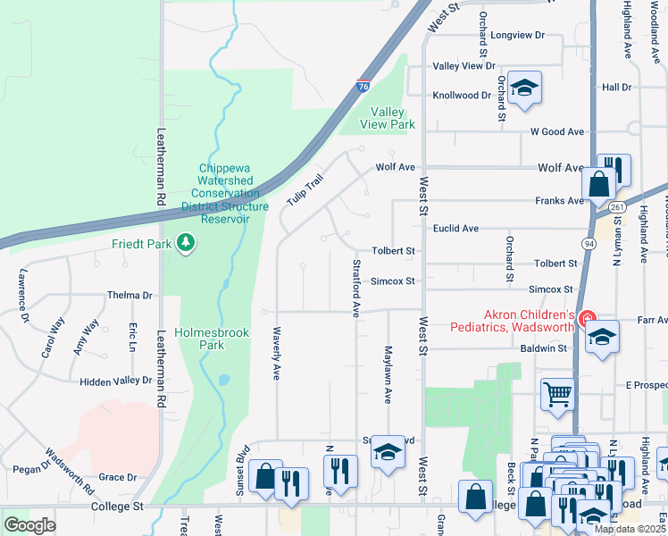 map of restaurants, bars, coffee shops, grocery stores, and more near 385 North Avon Avenue in Wadsworth