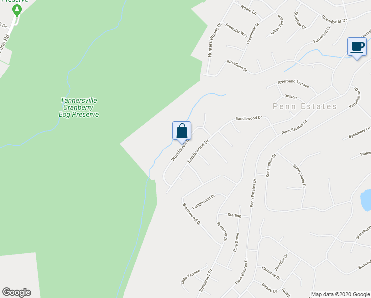 map of restaurants, bars, coffee shops, grocery stores, and more near 4262 Woodacre's Drive in East Stroudsburg