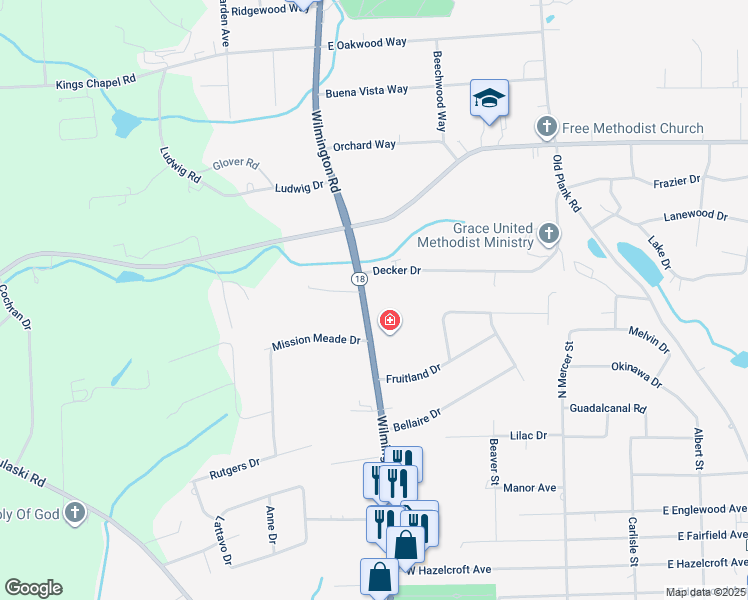 map of restaurants, bars, coffee shops, grocery stores, and more near 2616 Wilmington Road in New Castle