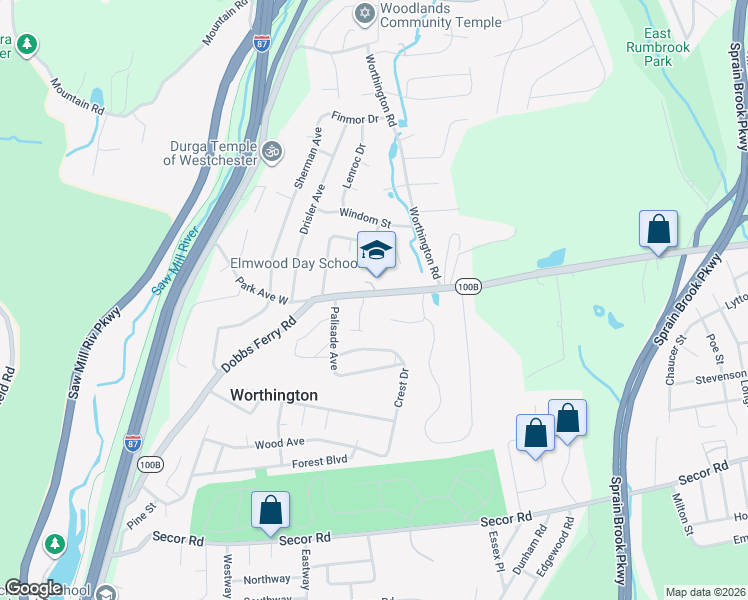 map of restaurants, bars, coffee shops, grocery stores, and more near 1 Greenacres Lane in White Plains