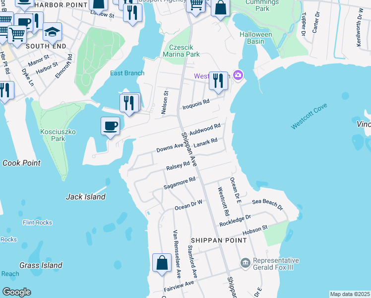 map of restaurants, bars, coffee shops, grocery stores, and more near 1335 Shippan Avenue in Stamford