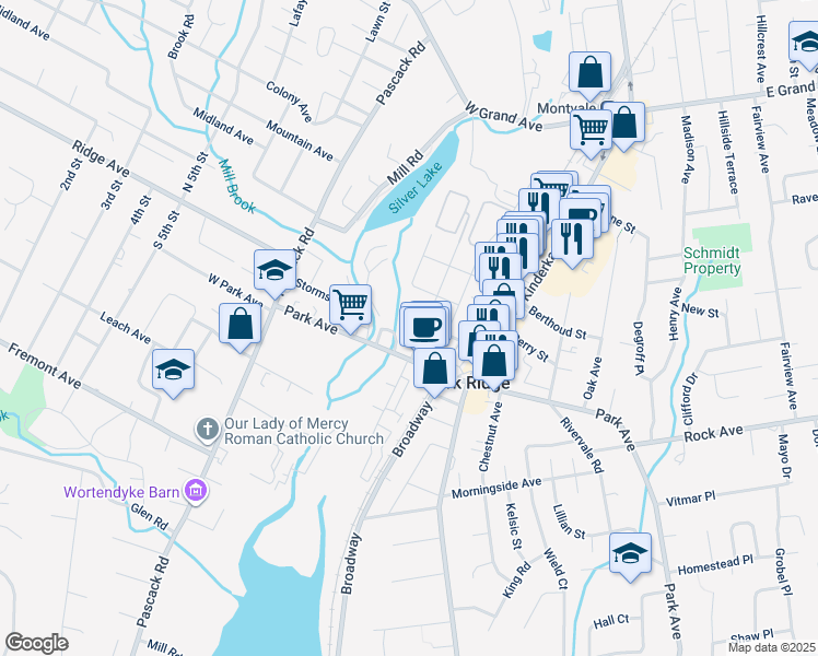 map of restaurants, bars, coffee shops, grocery stores, and more near 23 North Maple Avenue in Park Ridge