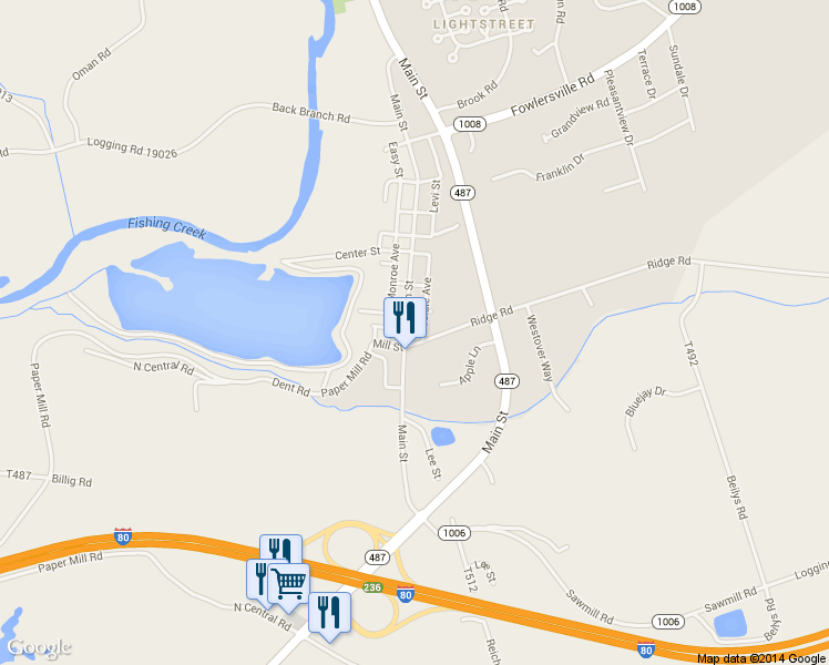 map of restaurants, bars, coffee shops, grocery stores, and more near 1521 Main St in Bloomsburg
