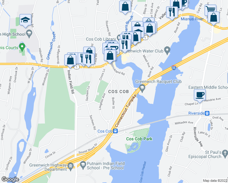 map of restaurants, bars, coffee shops, grocery stores, and more near 6 Butler Street in Greenwich