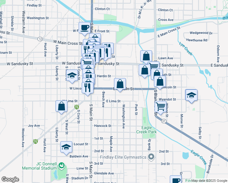 map of restaurants, bars, coffee shops, grocery stores, and more near 231 East Lincoln Street in Findlay
