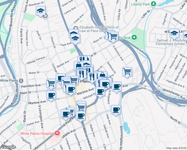 map of restaurants, bars, coffee shops, grocery stores, and more near in White Plains
