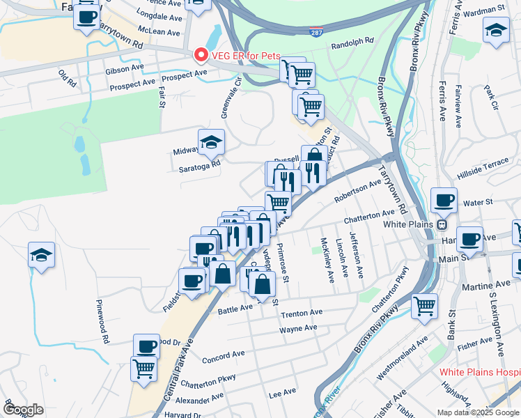 map of restaurants, bars, coffee shops, grocery stores, and more near 37 Fulton Street in White Plains
