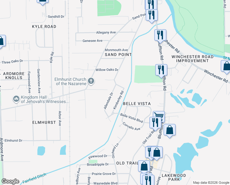 map of restaurants, bars, coffee shops, grocery stores, and more near 5605 Allendale Drive in Fort Wayne