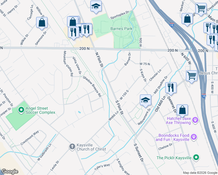 map of restaurants, bars, coffee shops, grocery stores, and more near 48 South Flint Street in Kaysville