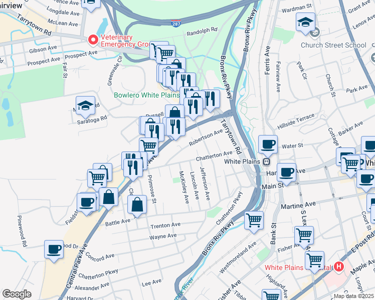 map of restaurants, bars, coffee shops, grocery stores, and more near 86 Robertson Avenue in White Plains