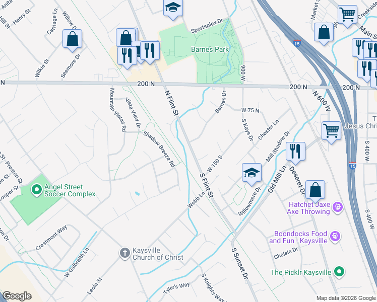 map of restaurants, bars, coffee shops, grocery stores, and more near 48 South Flint Street in Kaysville