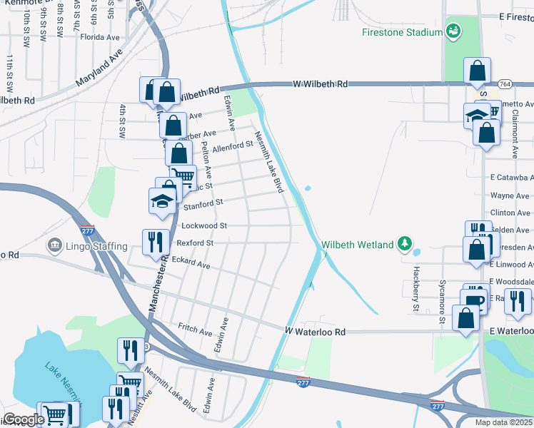 map of restaurants, bars, coffee shops, grocery stores, and more near 360 Waterford Street in Akron