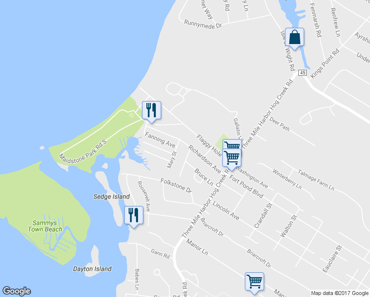 map of restaurants, bars, coffee shops, grocery stores, and more near 44 Richardson Avenue in East Hampton
