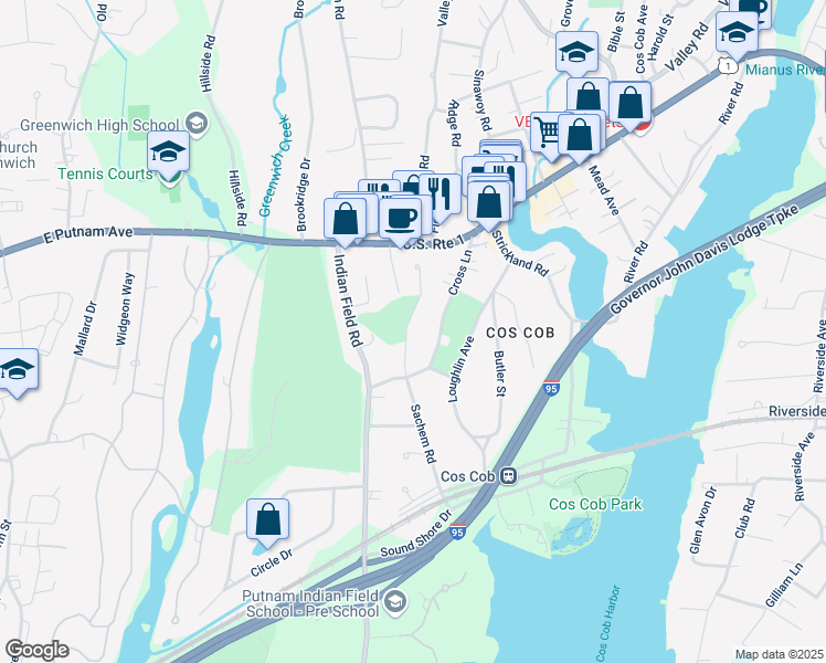 map of restaurants, bars, coffee shops, grocery stores, and more near 21 Sachem Lane in Greenwich