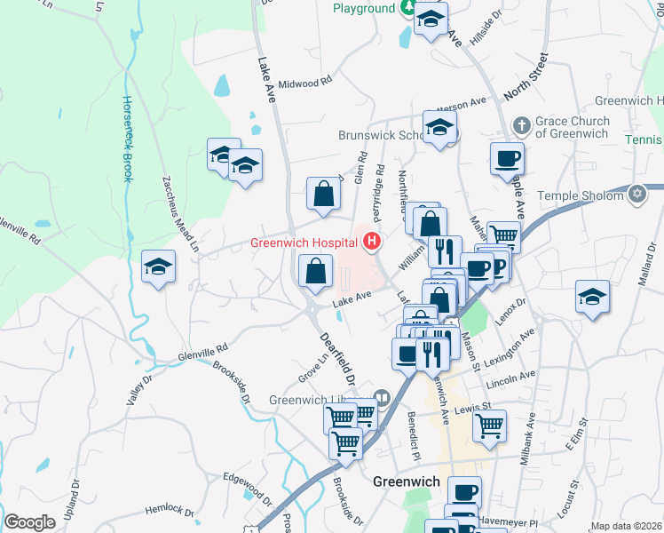 map of restaurants, bars, coffee shops, grocery stores, and more near 35 Rockview Drive in Greenwich