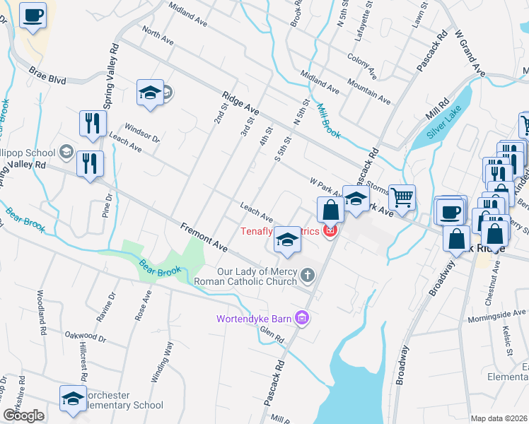 map of restaurants, bars, coffee shops, grocery stores, and more near 54 Leach Avenue in Park Ridge