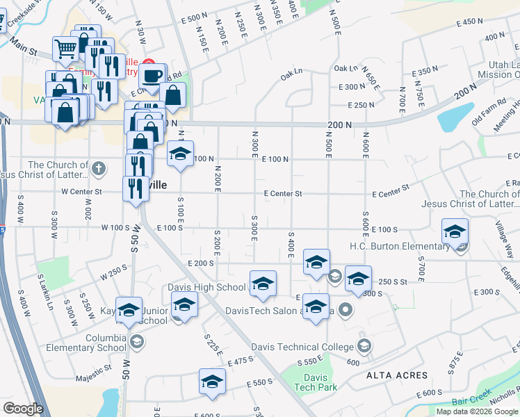 map of restaurants, bars, coffee shops, grocery stores, and more near 45 South 300 East in Kaysville