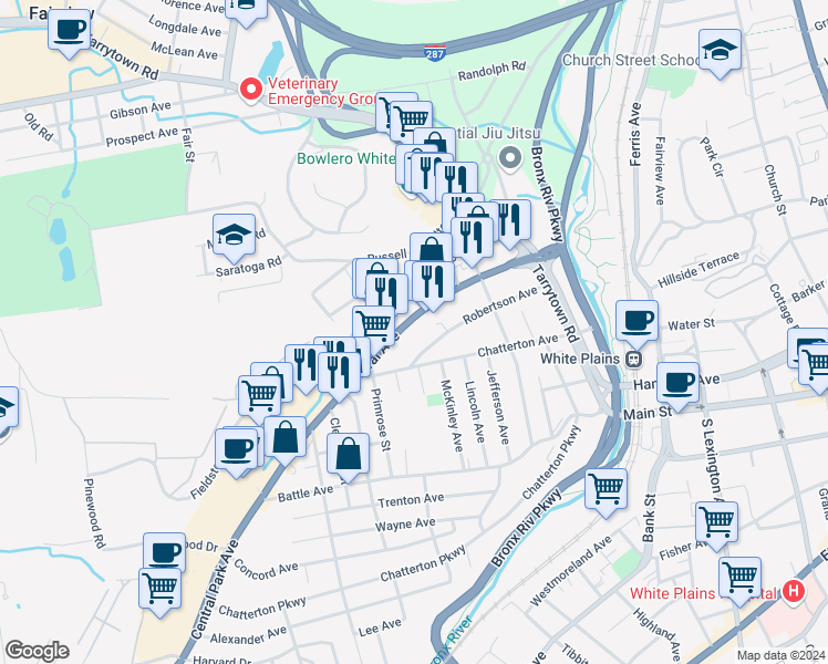 map of restaurants, bars, coffee shops, grocery stores, and more near 309 Central Avenue in White Plains