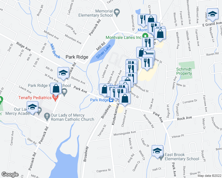 map of restaurants, bars, coffee shops, grocery stores, and more near 75 Madison Avenue in Park Ridge