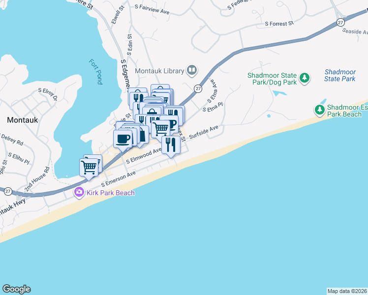map of restaurants, bars, coffee shops, grocery stores, and more near 20 Surfside Avenue in Montauk