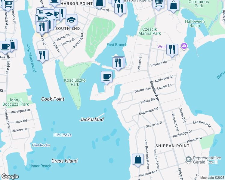 map of restaurants, bars, coffee shops, grocery stores, and more near 250 Harbor Drive in Stamford