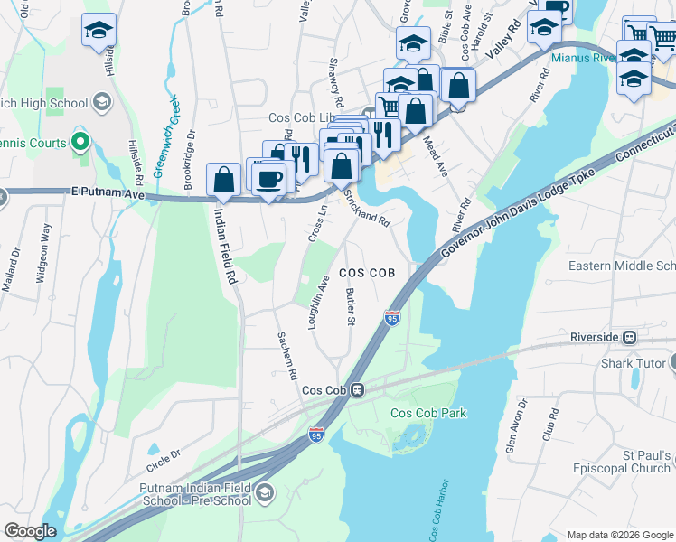 map of restaurants, bars, coffee shops, grocery stores, and more near 6 Butler Street in Greenwich