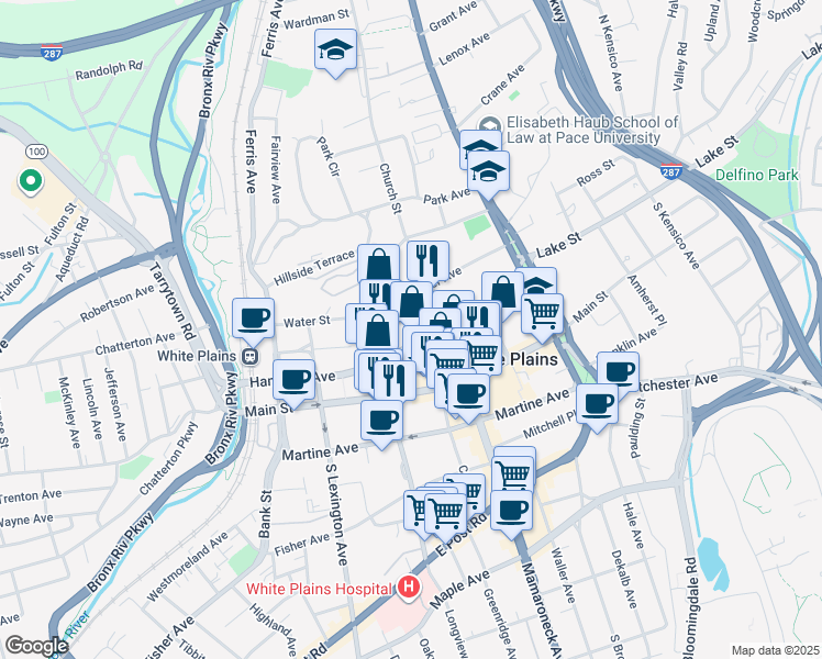 map of restaurants, bars, coffee shops, grocery stores, and more near 274 Hamilton Avenue in White Plains