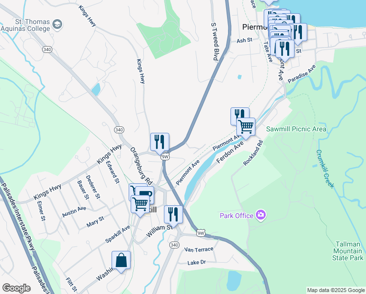 map of restaurants, bars, coffee shops, grocery stores, and more near 22 Roundtree Circle in Piermont