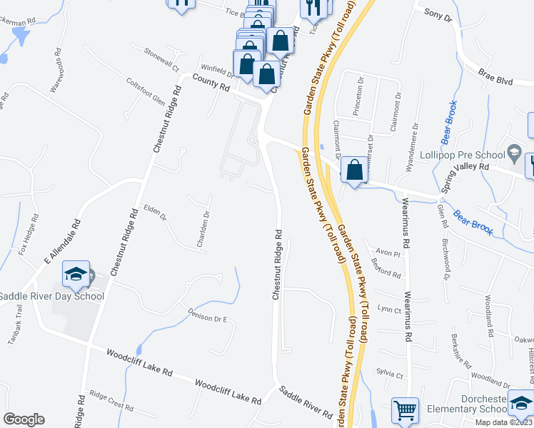 map of restaurants, bars, coffee shops, grocery stores, and more near 291 Chestnut Ridge Road in Woodcliff Lake