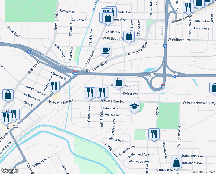 map of restaurants, bars, coffee shops, grocery stores, and more near 2549 30th Street Southwest in Akron