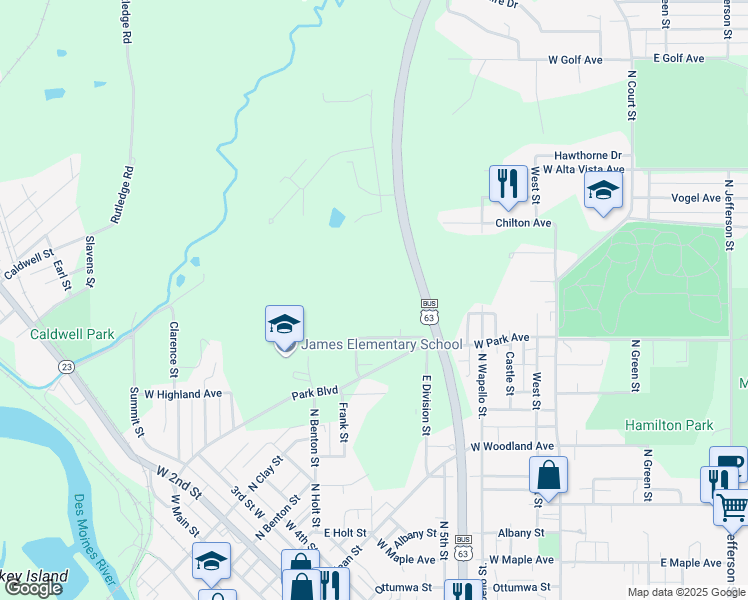 map of restaurants, bars, coffee shops, grocery stores, and more near 501-599 West Park Avenue in Ottumwa