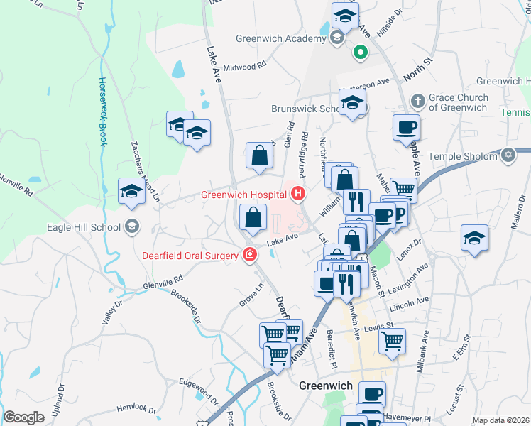 map of restaurants, bars, coffee shops, grocery stores, and more near 35 Rockview Drive in Greenwich