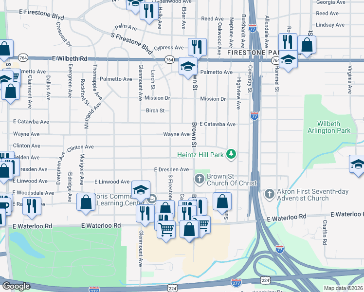 map of restaurants, bars, coffee shops, grocery stores, and more near 430 Clinton Avenue in Akron