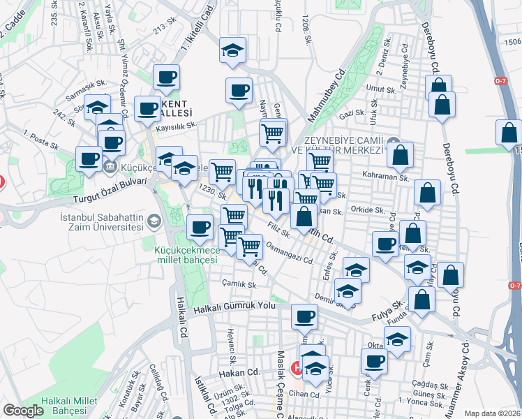 map of restaurants, bars, coffee shops, grocery stores, and more near 34 Fatih Caddesi in Küçükçekmece