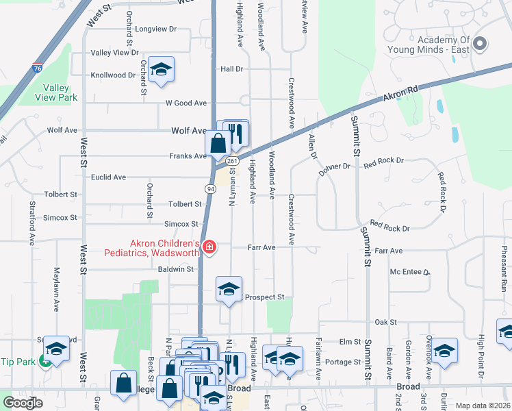 map of restaurants, bars, coffee shops, grocery stores, and more near 421 Highland Avenue in Wadsworth