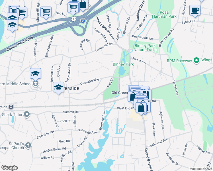 map of restaurants, bars, coffee shops, grocery stores, and more near 50 Wesskum Wood Road in Greenwich