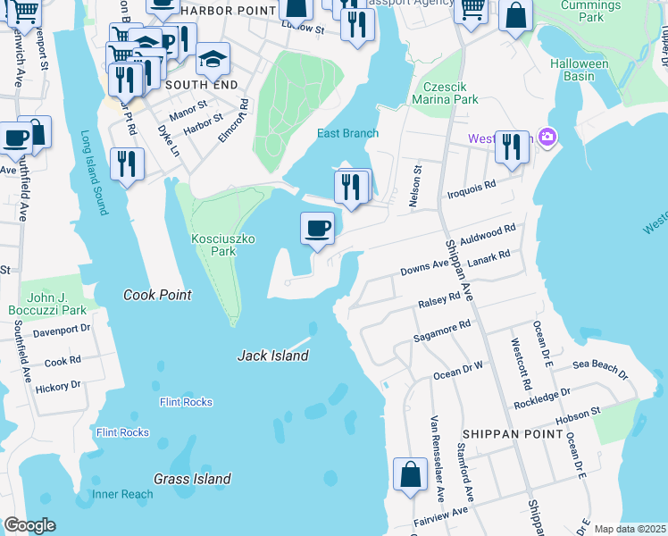 map of restaurants, bars, coffee shops, grocery stores, and more near 250 Harbor Drive in Stamford