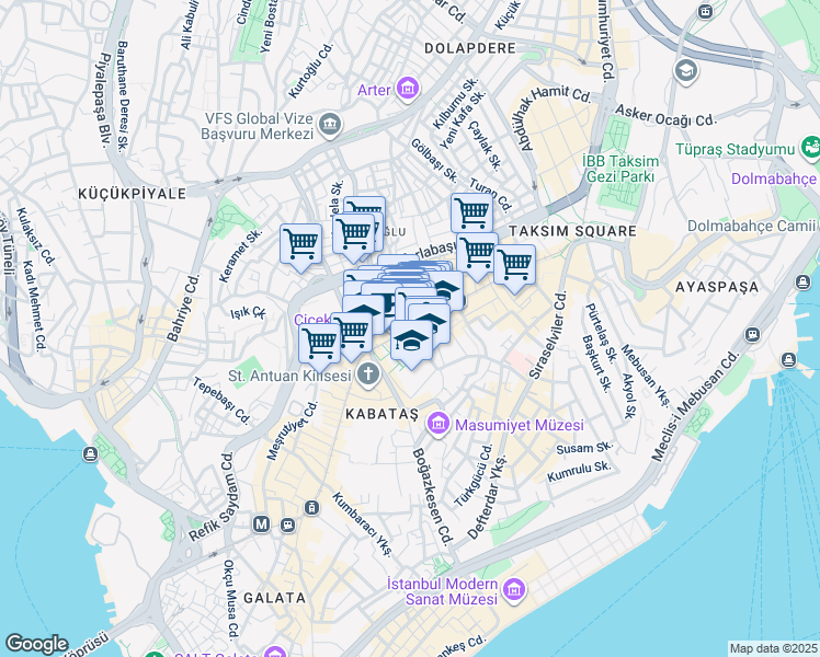 map of restaurants, bars, coffee shops, grocery stores, and more near İstiklal Caddesi in Beyoğlu